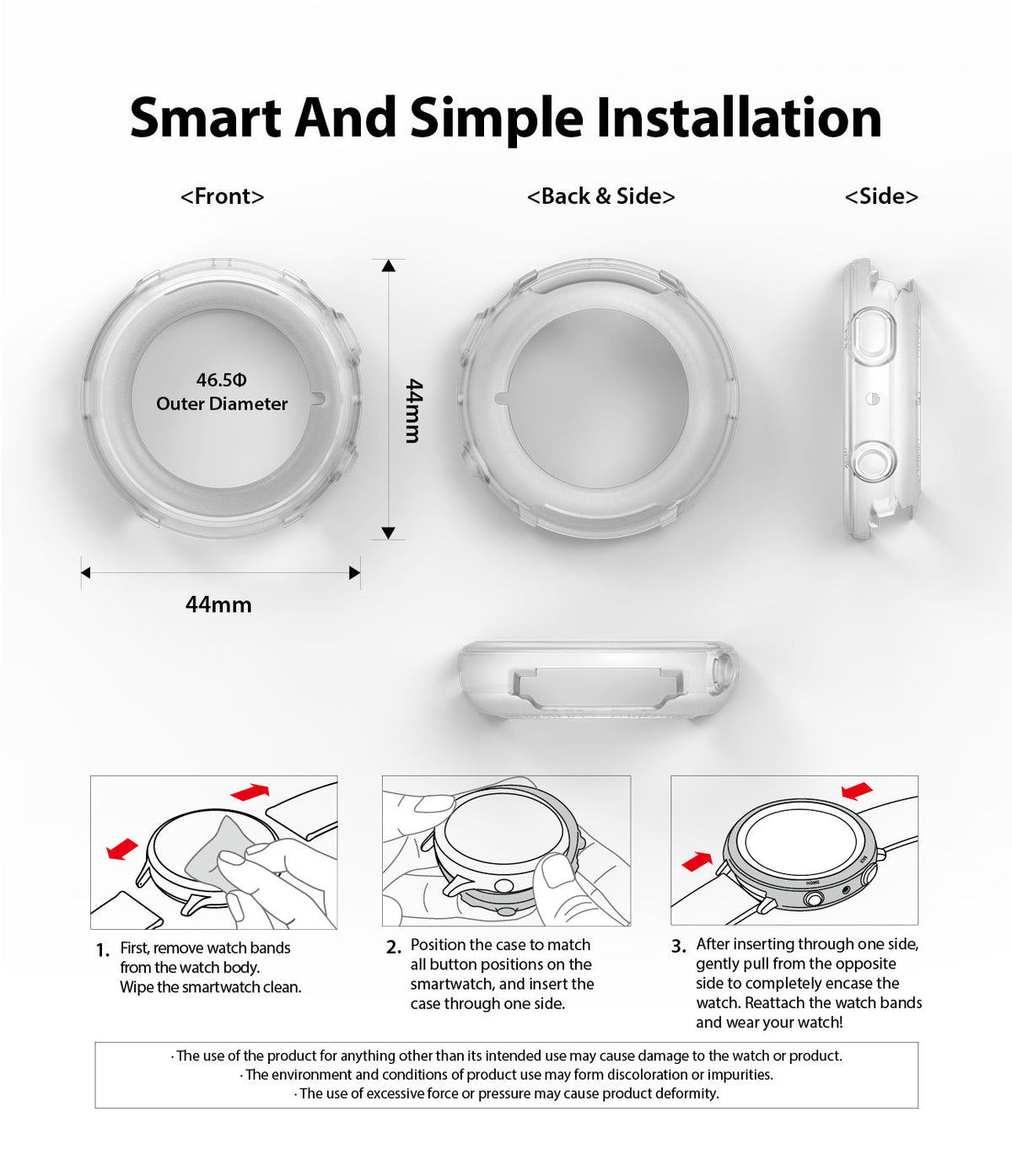 Galaxy Watch Active 2 44mm Case | Air Sports - Technical diagrams and three-step installation guide for a clear watch case.