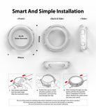 Galaxy Watch Active 2 44mm Case | Air Sports - Technical diagrams and three-step installation guide for a clear watch case.