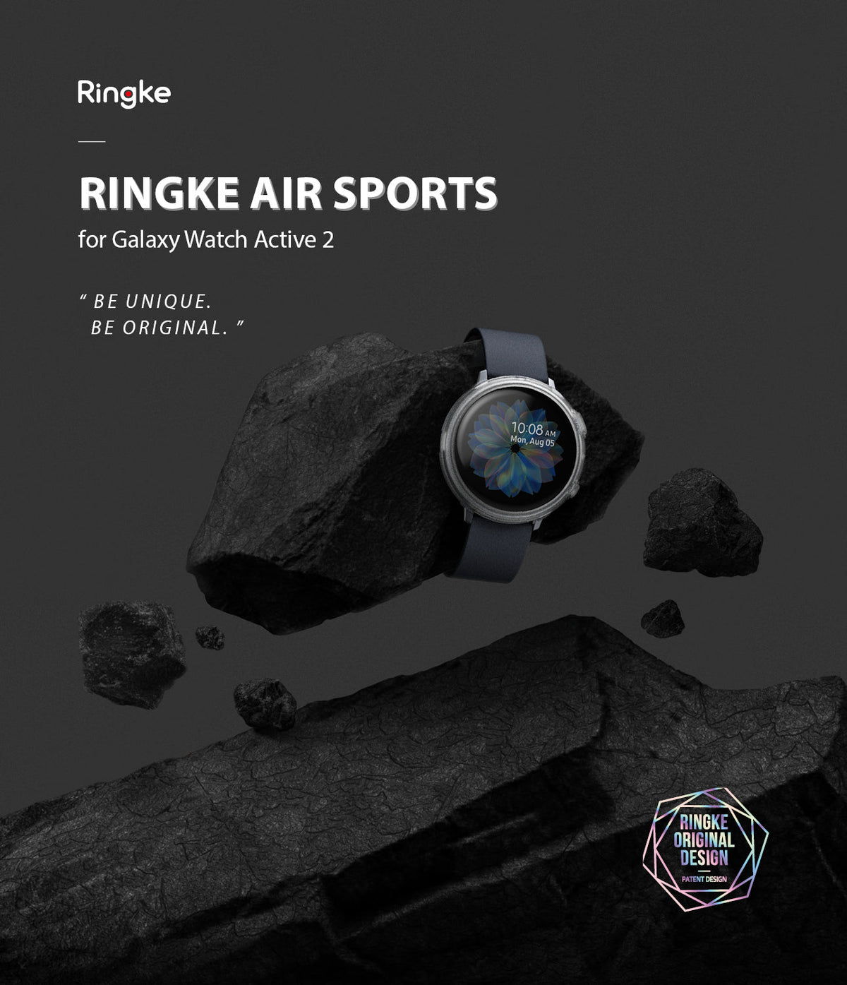 Galaxy Watch Active 2 44mm Case | Air Sports - A Galaxy Watch with a protective case floating among dark volcanic rocks.