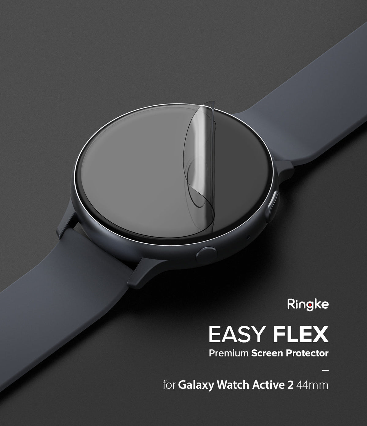 Galaxy Watch Active 2 (44mm) | Easy Flex - A transparent screen protector being applied to a black Galaxy Watch Active 2.