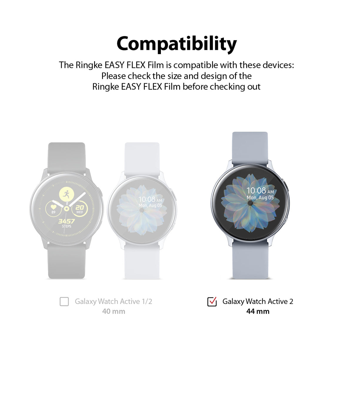 Galaxy Watch Active 2 (44mm) | Easy Flex - Compatibility chart showing a highlighted 44mm Galaxy Watch Active 2.
