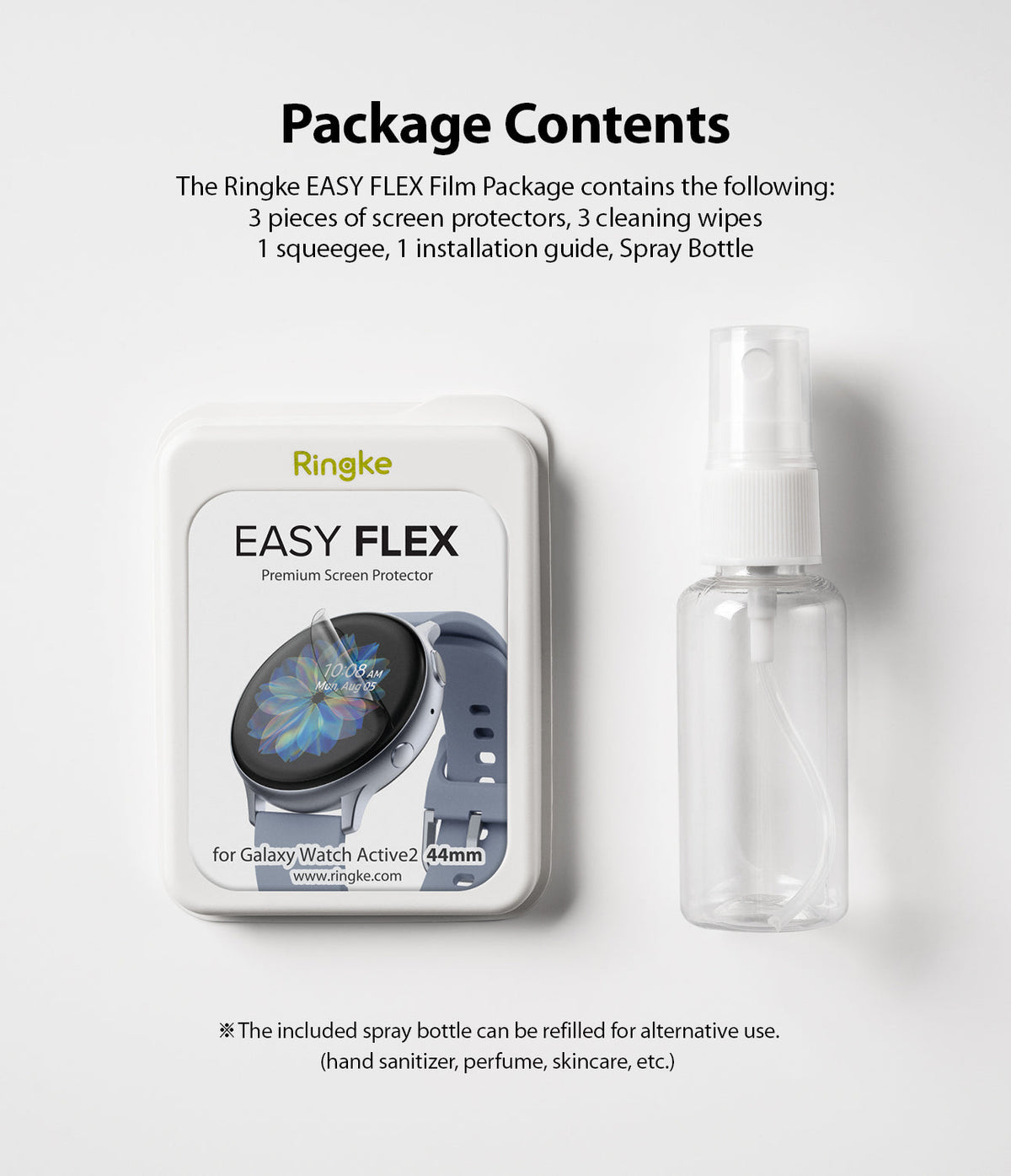 Galaxy Watch Active 2 (44mm) | Easy Flex - Ringke screen protector packaging and refillable spray bottle on white.