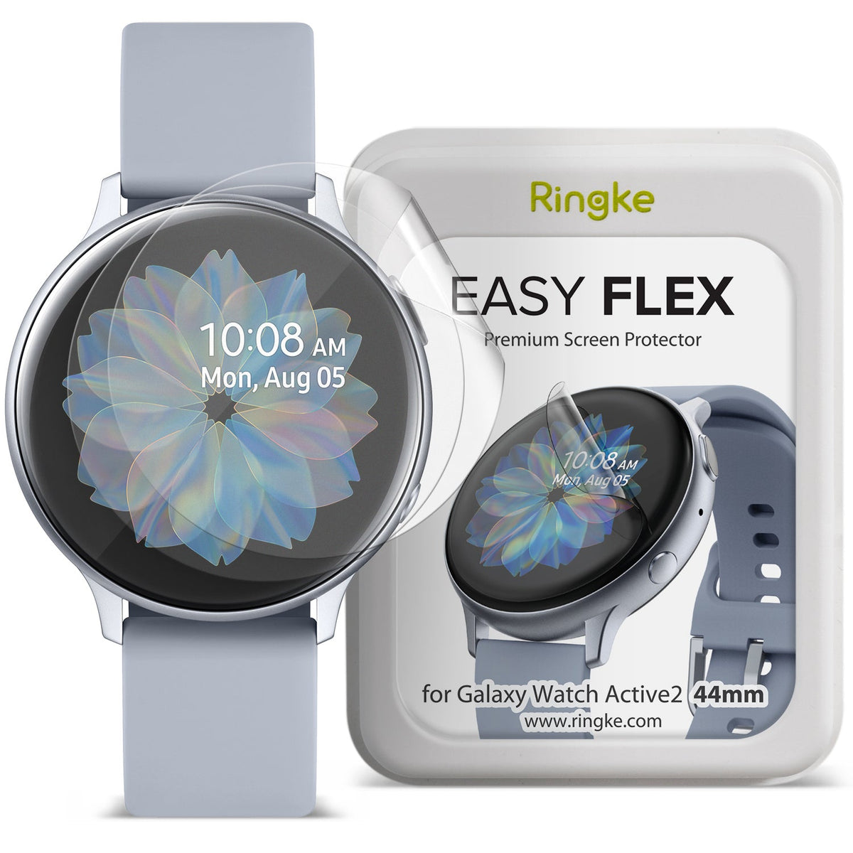 Galaxy Watch Active 2 (44mm) | Easy Flex - A clear screen protector film being applied to a silver Galaxy Watch Active 2.