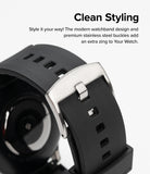 Watch Lug 20mm | Rubber One Bold Band - Design - Close-up of a black rubber watch band with a brushed stainless steel buckle.