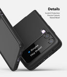 Galaxy Z Flip 3 Case | Slim - Black slim case on a Galaxy Z Flip 3 showing camera cutouts, raised bezels, and screen.