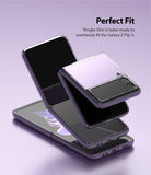 Galaxy Z Flip 3 Case | Slim - A purple Galaxy Z Flip 3 phone in a slim case, shown partially folded against a purple background.