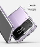 Galaxy Z Flip 3 Case | Slim - Clear protective case on a lavender Galaxy Z Flip 3 with text highlights for protection features.