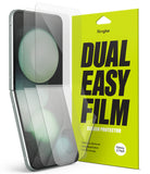 Galaxy Z Flip 5 Screen Protector | Dual Easy Film [2 Pack] - Galaxy Z Flip 5 Screen Protector - A Galaxy Z Flip 5 phone with a transparent film overlay next to its lime green packaging.