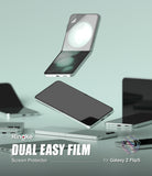 Galaxy Z Flip 5 Screen Protector | Dual Easy Film [2 Pack] - Galaxy Z Flip 5 Screen Protector - Floating Galaxy Z Flip 5 phones with a clear screen protector being applied.