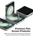 Galaxy Z Flip 5 Screen Protector | Dual Easy Film [2 Pack] - Galaxy Z Flip 5 Screen Protector - Three Galaxy Z Flip 5 phones showing a clear, flexible screen protector being applied.