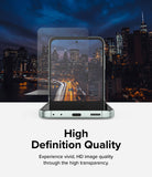 Galaxy Z Flip 5 Screen Protector | Dual Easy Film [2 Pack] - Galaxy Z Flip 5 Screen Protector - Transparent film hovering over a Galaxy Z Flip 5 displaying a vibrant city night view.