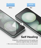 Galaxy Z Flip 5 Screen Protector | Dual Easy Film [2 Pack] - Galaxy Z Flip 5 Screen Protector - Comparison showing a scratched screen film healing into a smooth, clear surface.