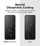 Galaxy Z Flip 5 Screen Protector | Dual Easy Film [2 Pack] - Galaxy Z Flip 5 Screen Protector - Comparison showing water beading on Ringke film versus smudges on a standard screen.