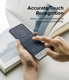 Galaxy Z Flip 5 Screen Protector | Dual Easy Film [2 Pack] - Galaxy Z Flip 5 Screen Protector - Hand touching a smartphone screen displaying a fitness app interface with data charts.