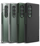Galaxy Z Fold 3 Case | Slim - Four Galaxy Z Fold 3 phones in clear, matte green, dark green, and black slim cases side-by-side.