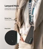 Galaxy Z Fold 3 Case | Slim - Black phone case with lanyard holes, worn with a branded strap around the neck.