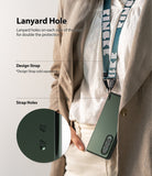 Galaxy Z Fold 3 Case | Slim - Green phone case with lanyard holes worn around the neck with a branded strap.