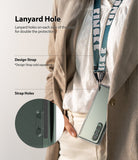 Galaxy Z Fold 3 Case | Slim - A person wearing a phone case with a green lanyard, highlighting the integrated strap holes.