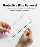 Galaxy Z Fold 4 Case | Slim - Hands peeling a blue protective film off the adhesive strip of a clear phone case.