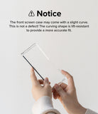 Galaxy Z Fold 4 Case | Slim - Hands holding a clear front screen case with a slight curve, with text explaining the fit.