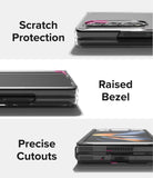 Galaxy Z Fold 4 Case | Slim - Three views of a clear phone case highlighting camera protection, raised bezels, and precise cutouts.