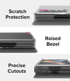 Galaxy Z Fold 4 Case | Slim - Three views of a clear phone case highlighting camera protection, raised bezels, and cutouts.