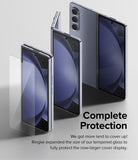 Galaxy Z Fold 5 Screen Protector | Cover Display Glass - Galaxy Z Fold 5 Screen Protector - Tempered glass sheet hovering over a Galaxy Z Fold 5 smartphone on a light background.