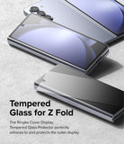 Galaxy Z Fold 5 Screen Protector | Cover Display Glass - Galaxy Z Fold 5 Screen Protector - Tempered glass protector applied to the outer display of a folded silver smartphone.