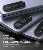 Galaxy Z Fold 5 | Camera Protector Glass [2 Pack] - Galaxy Z Fold 5 | Camera Protector Glass - Three light blue Galaxy Z Fold 5 phones stacked with black camera covers.