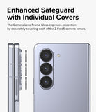 Galaxy Z Fold 5 | Camera Lens Frame Glass - Galaxy Z Fold 5 | Camera lens frame glass covers shown aligning with the three rear lenses of a silver smartphone.