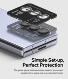Galaxy Z Fold 5 | Camera Lens Frame Glass - Galaxy Z Fold 5 | Tempered glass camera lens protector being aligned and applied to a Galaxy Z Fold 5 smartphone.