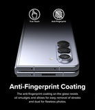 Galaxy Z Fold 5 | Camera Lens Frame Glass - Galaxy Z Fold 5 | Folded phone showing camera lens frame glass with True Touch and Anti-Fingerprint icons.