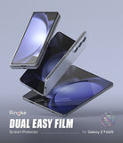 Galaxy Z Fold 5 Screen Protector | Dual Easy Film - Galaxy Z Fold 5 Screen Protector - Three Galaxy Z Fold 5 phones in various folding positions floating against a gray background.