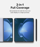 Galaxy Z Fold 5 Screen Protector | Dual Easy Film - Galaxy Z Fold 5 Screen Protector - Foldable phone showing outer and inner screen protectors with a stylus pen.