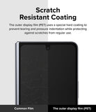 Galaxy Z Fold 5 Screen Protector | Dual Easy Film - Galaxy Z Fold 5 Screen Protector - Split screen showing a scratched common film versus a smooth, scratch-resistant PET film.