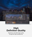 Galaxy Z Fold 5 Screen Protector | Dual Easy Film - Galaxy Z Fold 5 Screen Protector - A transparent screen protector film hovering over a phone displaying a city skyline.