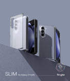 Galaxy Z Fold 5 Case | Slim - Two Galaxy Z Fold 5 phones in clear slim cases displayed on a geometric gray platform.