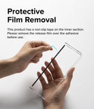 Galaxy Z Fold 5 Case | Slim - Hands peeling a blue protective film off the adhesive strip inside a clear phone case.