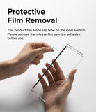 Galaxy Z Fold 5 Case | Slim - Hands peeling a blue protective film off the adhesive strip inside a clear phone case.