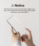 Galaxy Z Fold 5 Case | Slim - Hands holding a clear, slightly curved front phone case with an informational notice about the fit.