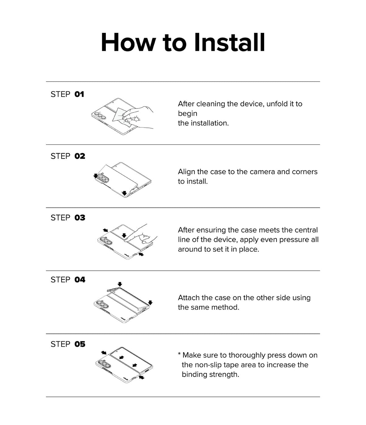 Galaxy Z Fold 5 Case | Slim - Five-step illustrated guide showing how to clean, align, and press the case onto the phone.