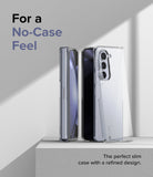 Galaxy Z Fold 5 Case | Slim - A clear, slim case shown next to a Galaxy Z Fold 5 phone on a white pedestal.