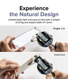 Galaxy Z Fold 5 Case | Slim - Digital calipers measuring the thickness of a clear phone case versus a credit card.