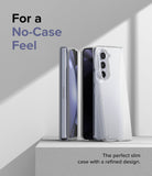 Galaxy Z Fold 5 Case | Slim - A clear, slim case beside a folded Samsung Galaxy Z Fold 5 on a white pedestal.