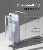 Galaxy Z Fold 5 Case | Slim - Exploded view of a clear phone case highlighting non-slip tape, hard polycarbonate, and micro-dot technology.