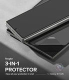 Galaxy Z Fold 6 | 3-in-1 Protector - A folded Galaxy Z Fold 6 with a screen protector being applied to the front display.