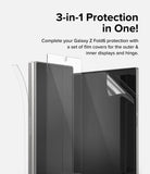 Galaxy Z Fold 6 | 3-in-1 Protector - Transparent film covers being applied to the outer screen and hinge of a smartphone.