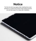 Galaxy Z Fold 6 | 3-in-1 Protector - Notice text about installation lines above a close-up of a folded smartphone screen.