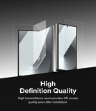 Galaxy Z Fold 6 | 3-in-1 Protector - Transparent screen protectors hovering over a folded and unfolded Galaxy Z Fold 6.