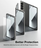 Galaxy Z Fold 6 Screen Protector | Cover Display Glass (2 Pack) - Galaxy Z Fold 6 Screen Protector - Tempered glass sheet floating before a Galaxy Z Fold 6 phone in various folded states.